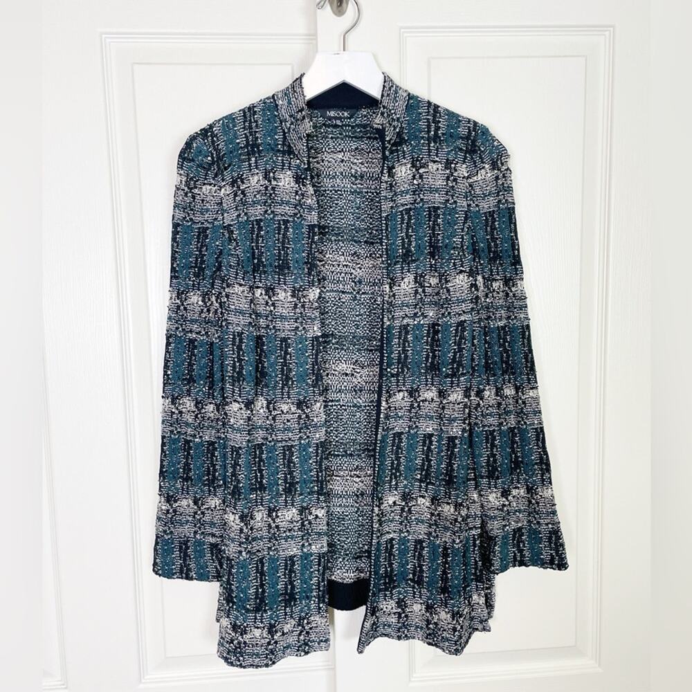 Misook Boucle Knit Teal Black Cardigan Textured Sweater Jacket Sz XS